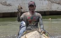 Potret Pencari Ikan Sapu-Sapu di Sungai Ciliwung Kecil